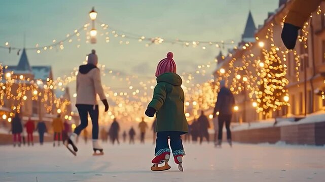 Children Ice Skating with Parents on a City Rink