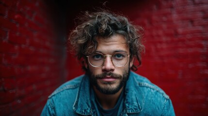 Obraz premium A captivating close-up portrait of a young man with curly hair and glasses, set against a textured red wall, showcasing confidence and individuality.