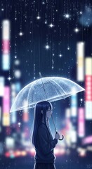 Anime girl under a transparent umbrella in the rain. Night city backdrop, with blurred lights and a dreamy, magical atmosphere.
