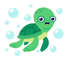 Cute cartoon sea turtle with bubbles on white background. Underwater vector illustration.