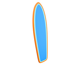 A vibrant blue surfboard with an orange outline, designed for surfing activities on the ocean waves.