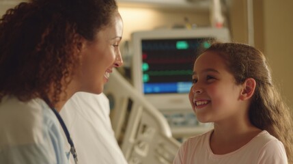 Obraz premium A smiling nurse comforts a young girl beside medical monitors, capturing a heartwarming moment of care, support, and human connection in healthcare.