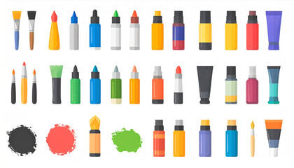 Colorful flat-style illustration of various art supplies including paintbrushes, markers, tubes of paint, and paint swatches