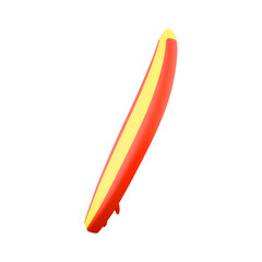 A vibrant surfboard with a red and yellow design, symbolizing leisure and outdoor sports activities.