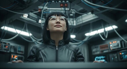 Asian woman in glasses & leather jacket looks up at complex wiring & control panels in a futuristic, possibly sci-fi, setting. Focus is on her face.