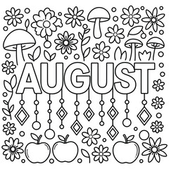 August Month Coloring Page Outline with Flowers Mushrooms Apples Decorative Elements