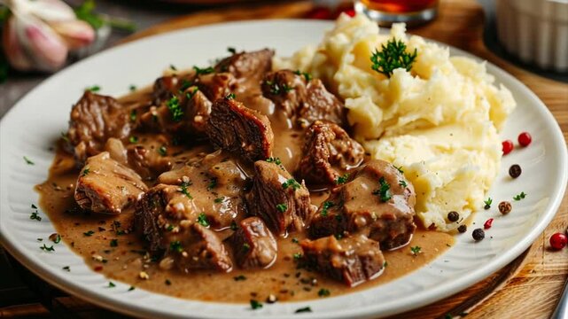 Beef stroganoff dish with gravy and mashed potatoes on white plate. Restaurant menu concept