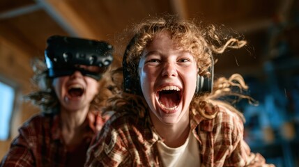 Two enthusiastic teenagers, one wearing VR goggles, are fully immersed in their gaming experience, showcasing the excitement of modern technology and camaraderie.