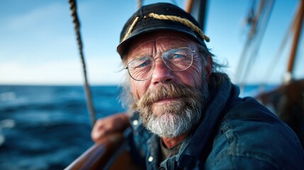Obraz premium A rugged sailor with a beard and glasses gazes thoughtfully into the distance while aboard his vessel, embodying the spirit of adventure and the rugged beauty of the sea.