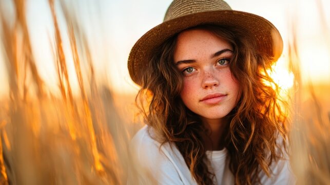 A serene young woman with cascading curls poses gracefully in a wheat field during sunset, embodying the beauty of nature and tranquility.