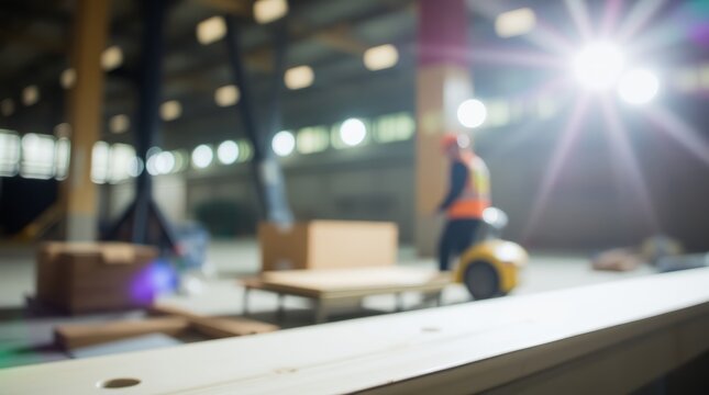 Industrial worker in bokeh: An industrial worker pulls equipment in a blurry factory scene, accentuated by bokeh effects