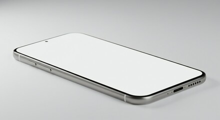 A sleek smartphone with a blank display rests on a smooth, light-colored surface. The minimalist design, featuring seamless edges and a glossy finish
