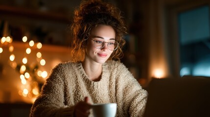 A warm, cozy scene of a woman in a sweater, happily sipping coffee while using her laptop, surrounded by soft lights, evoking feelings of comfort and relaxation.