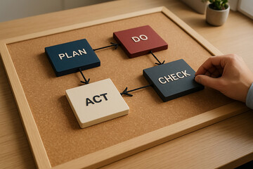 Wooden square blocks forming the PDCA cycle on a cork board, with a person adjusting the Check stage by hand in an office environment