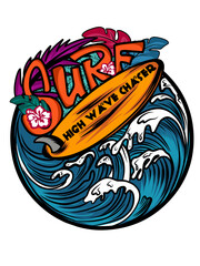 vector design of surfboard and sea waves, design for t-shirts, hoodies, hats, bags, paper bags, banners and others