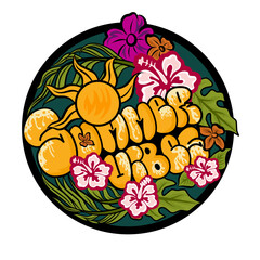 Handwritten Summer Vibes on a background of palm leaves and flowers .Vector illustration. Holiday typography design. designs for hoodies, t-shirts, bags, paper bags, etc
