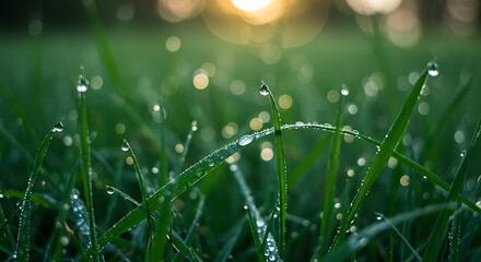 Fototapeta premium Morning Dew on Lush Green Grass Blades, Soft Sunlight, Tranquil Nature Scene