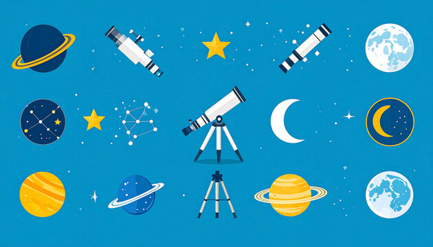 Flat illustrations of space objects and telescopes