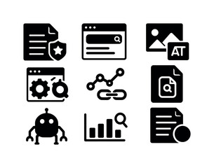 Seo and website optimization solid icon set. analytics, tools, and security icons collection