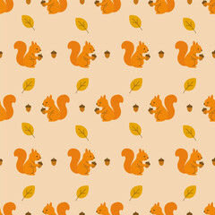 seamless pattern featuring cute orange squirrels holding acorns, scattered yellow leaves, and small acorns on a beige background