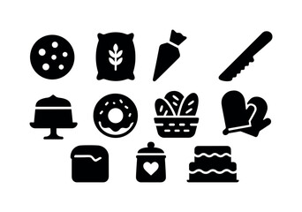 Baking, cooking solid icon set. kitchen essentials in simple black silhouettes