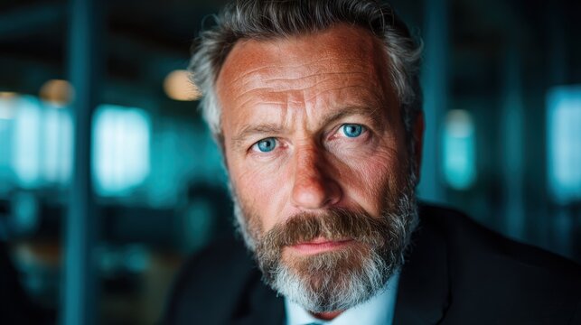 A determined businessman with a thick beard and intense gaze, embodying professionalism and confidence in a modern office setting, exuding strong leadership qualities.