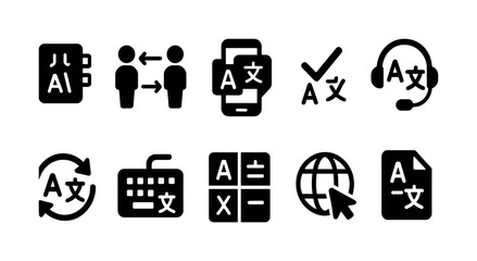 Language translation solid icon set. communication, app, global symbols collection