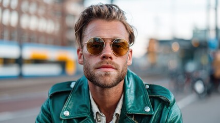 A young man with stylish sunglasses and a green leather jacket sits confidently in an urban environment, embodying modern fashion and self-assuredness amidst a dynamic city backdrop.