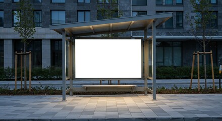 Contemporary bus stop at dusk, illuminated with warm light, featuring a blank advertisement panel, surrounded by modern buildings and greenery, emphasizing urban sophistication.