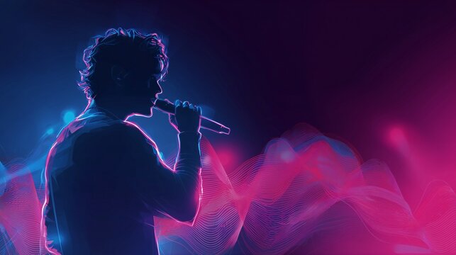 A radiant silhouette of a singer under bold spotlight hues, holding a glowing mic with neon waveforms in magenta and blue&mdash;capturing the vibrant energy of a Liam Payne&ndash;inspired performance.