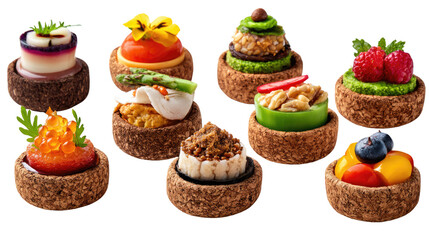 Artisan Delights: An overhead shot captures a stunning assortment of individually crafted savory and sweet tartlets, each a unique culinary creation.