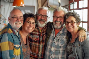 Group of happy senior friends in casual clothes smiling and looking at camera