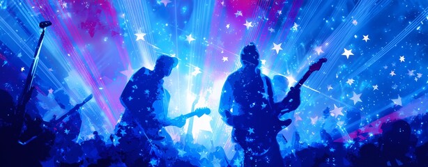 A high-energy country rock scene with electric guitars and microphone silhouettes set against dazzling patriotic light beams and starbursts, evoking a bold and electrifying concert atmosphere.