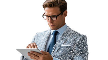 Tech-Savvy Executive: An intelligent executive in an intricate suit utilizes a tablet, merging modern technology with professional attire, creating a fusion of innovation and style.