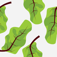 Seamless vector pattern featuring beet greens with vivid red veins on a soft gray background. Perfect for eco-friendly packaging, kitchen textiles, or backgrounds for farm-to-table themed designs.