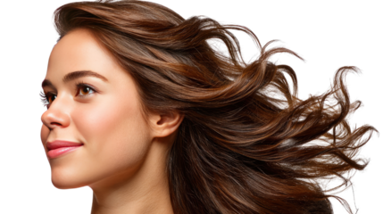 Radiant Woman with Flowing Hair: Capturing the essence of beauty, a young woman's hair gracefully flows, a symbol of freedom and confidence. The perfect portrayal of a natural glow.