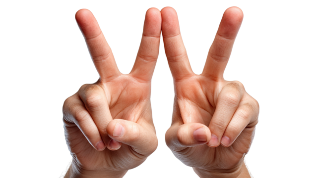 Victory Sign Gesture: A striking composition of two hands displays the iconic 'V' sign, a symbol of triumph and peace. The gesture, executed with precision, evokes a sense of optimism and unity.