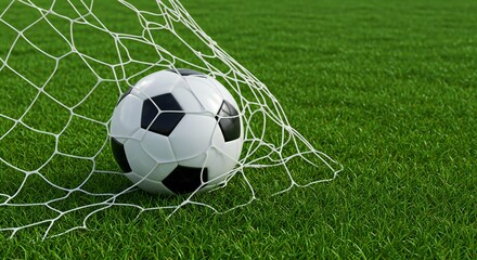 Soccer ball in net, vibrant green grass, white net texture, bright lighting, sports theme.