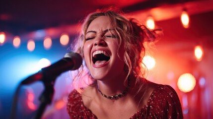 A passionate female singer is performing live on stage, captured in a moment of emotion with radiant stage lighting that enhances the energy of the music environment.