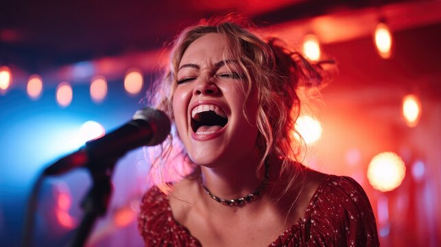 A passionate female singer is performing live on stage, captured in a moment of emotion with radiant stage lighting that enhances the energy of the music environment. - Powered by Adobe