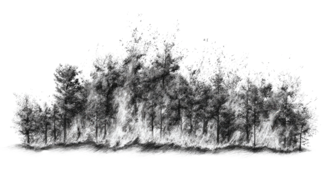 Forest Fire Devastation: The image depicts a harrowing scene of a forest fire raging with intense heat and smoke, transforming lush greenery into a desolate wasteland.