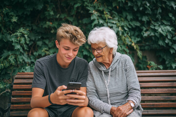 Grandmother learning smartphone: young person teaches smartphone use