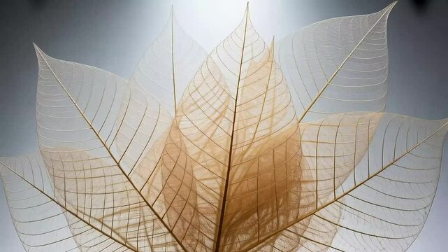 Intricate leaf skeleton pattern exhibits delicate botanical beauty in translucent golden hues for nature designs.