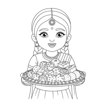 Cartoon indian girl holding a plate of traditional sweets isolated on transparent background
