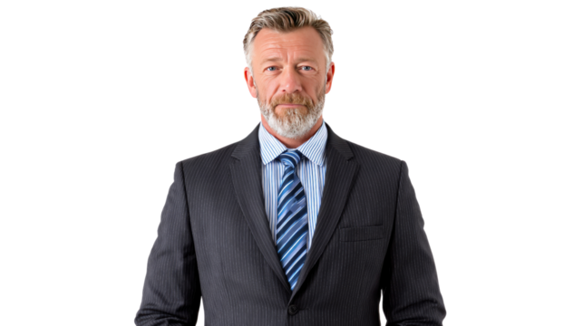 Distinguished Professional: A portrait of a mature professional in a sharp suit and tie, exuding confidence and expertise against a clear background.
