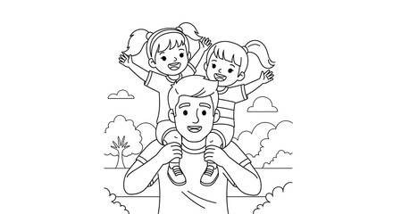 Father carrying his two daughters on his shoulders smiling and waving isolated on transparent background