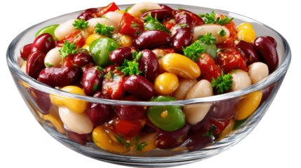 Colorful Bean Salad: A vibrant glass bowl brimming with a medley of kidney beans, butter beans, lima beans, and other mixed beans, complemented by fresh parsley and succulent cherry tomatoes.