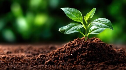 A vibrant green plant emerges from rich, dark soil, symbolizing growth, vitality, and nature’s resilience amidst a blurred background of lush greenery.