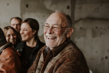Happy senior man with his family in the background at home. Portrait of a smiling senior man.