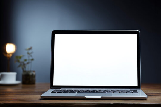 Laptop with blank screen on desk modern laptop workstation